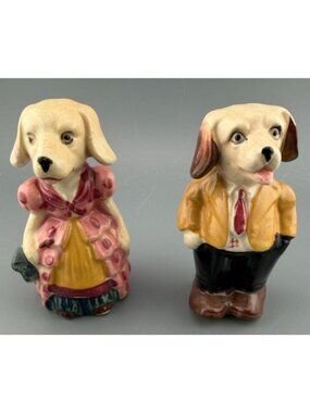 Vintage Anthropomorphic Dog Salt Pepper Shakers Japan 3.75" Male Female Pair